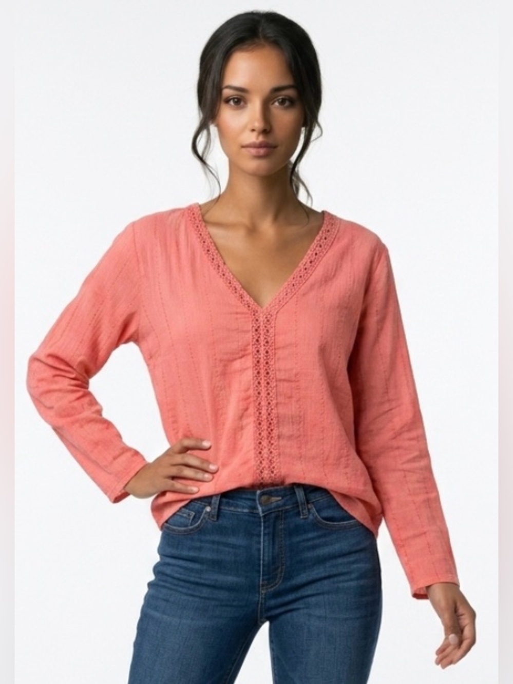 Lovestitch Gauzy V-neck Lace-Trimmed Boho Breezy Cotton Top